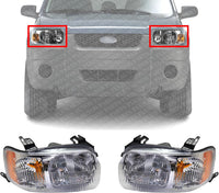Set Of 2 Front Head Lights Assembly Halogen Plastic Left Driver & Right Passenger Side Direct Replacement Compatible With 2001-2004 Ford Escape FO2519103 FO2518103