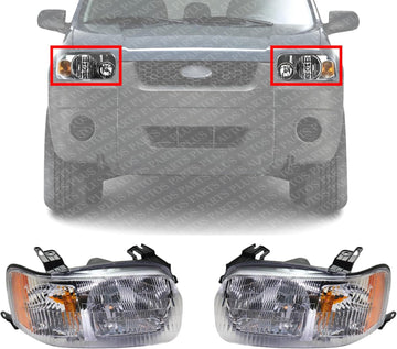 Set Of 2 Front Head Lights Assembly Halogen Plastic Left Driver & Right Passenger Side Direct Replacement Compatible With 2001-2004 Ford Escape FO2519103 FO2518103