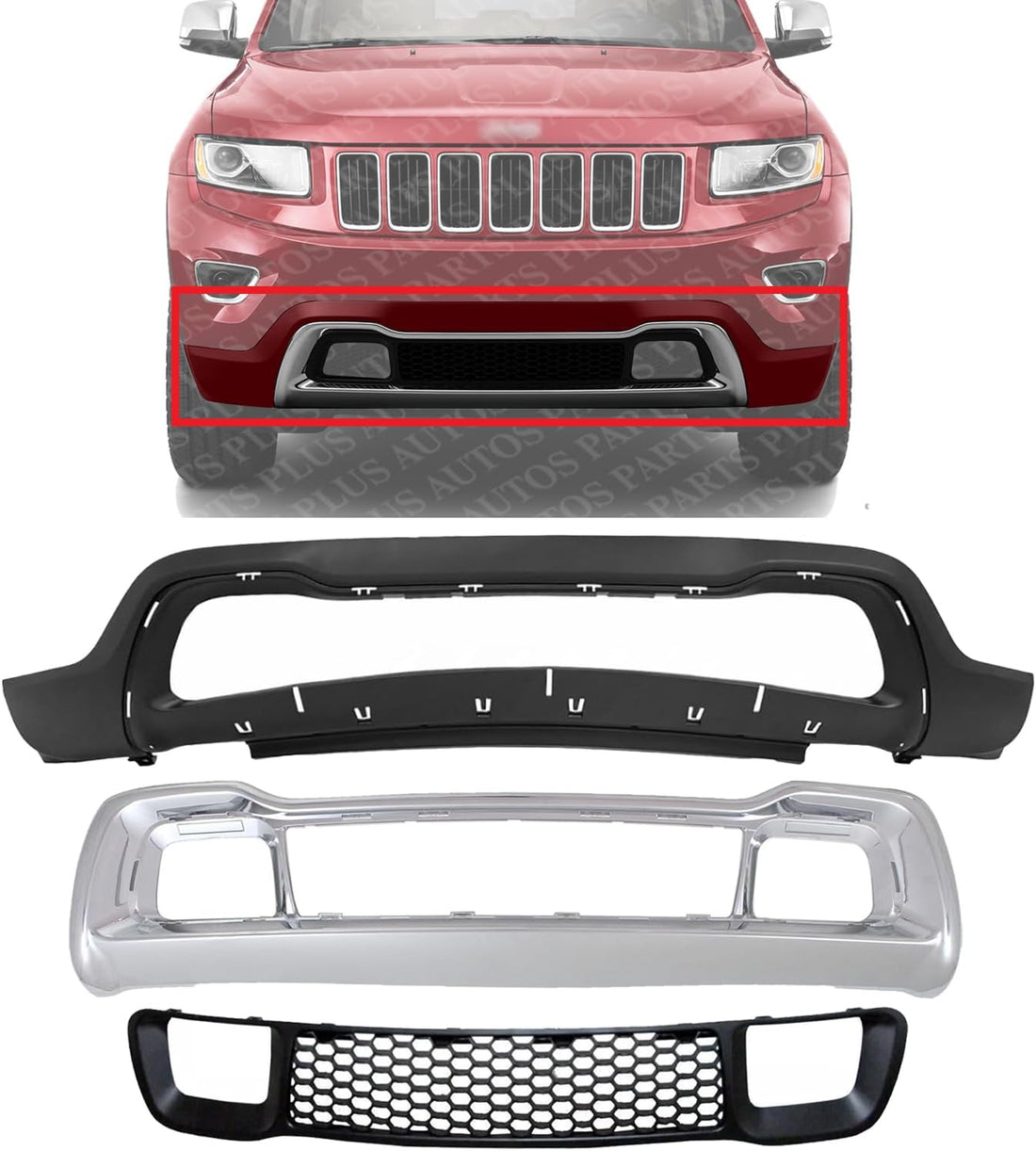 Front Bumper Lower Cover Primed + Grille & Frame Direct Replacement Compatible With 2014-2016 Jeep Grand Cherokee CH1015115 CH1036128 CH1037107 1WL30TZZAD 68141936AD 68143105AC