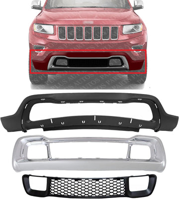 Front Bumper Lower Cover Primed + Grille & Frame Direct Replacement Compatible With 2014-2016 Jeep Grand Cherokee CH1015115 CH1036128 CH1037107 1WL30TZZAD 68141936AD 68143105AC