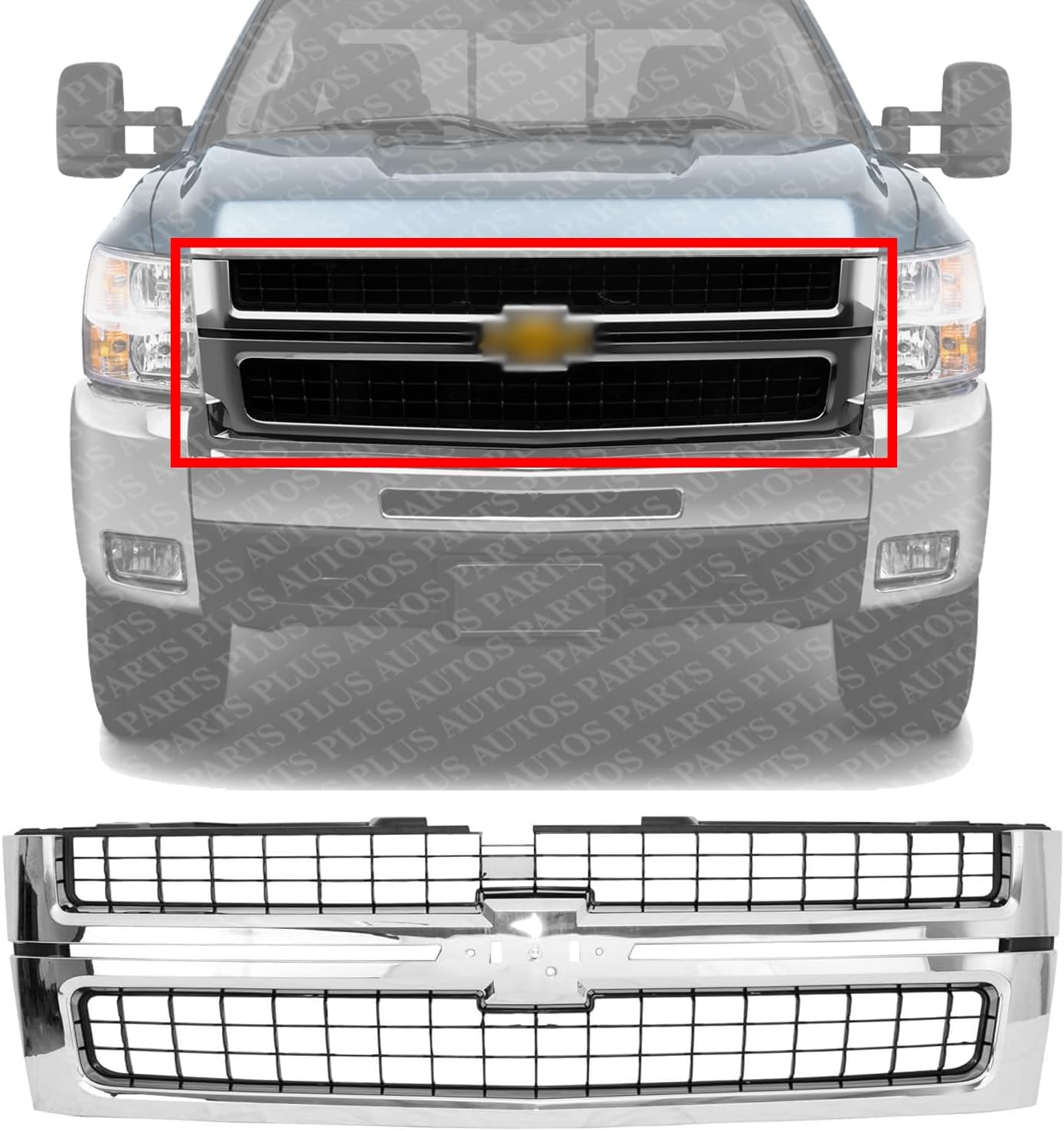 Front Grille Chrome Shell With Textured Insert Direct Replacement Compatible With 2007-2010 Chevrolet Silverado 2500 3500HD GM1200608 25825521