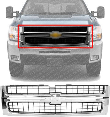 Front Grille Chrome Shell With Textured Insert Direct Replacement Compatible With 2007-2010 Chevrolet Silverado 2500 3500HD GM1200608 25825521