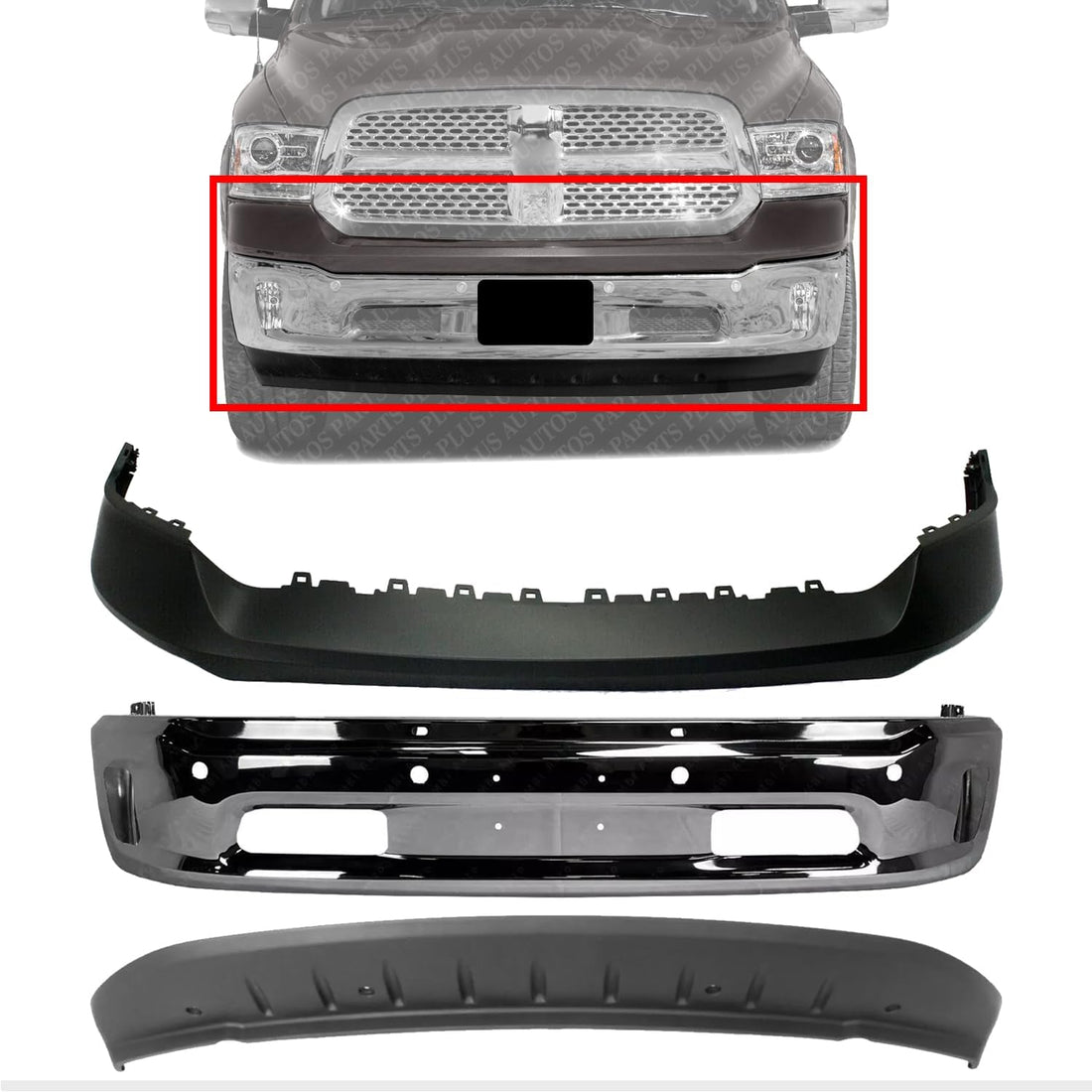 Front Bumper Chrome Steel + Upper Cover Primed + Lower Valance Air Dam Textured Direct Replacement Compatible With Ram 1500 2014-2018 CH1014108 CH1002402 CH1090147