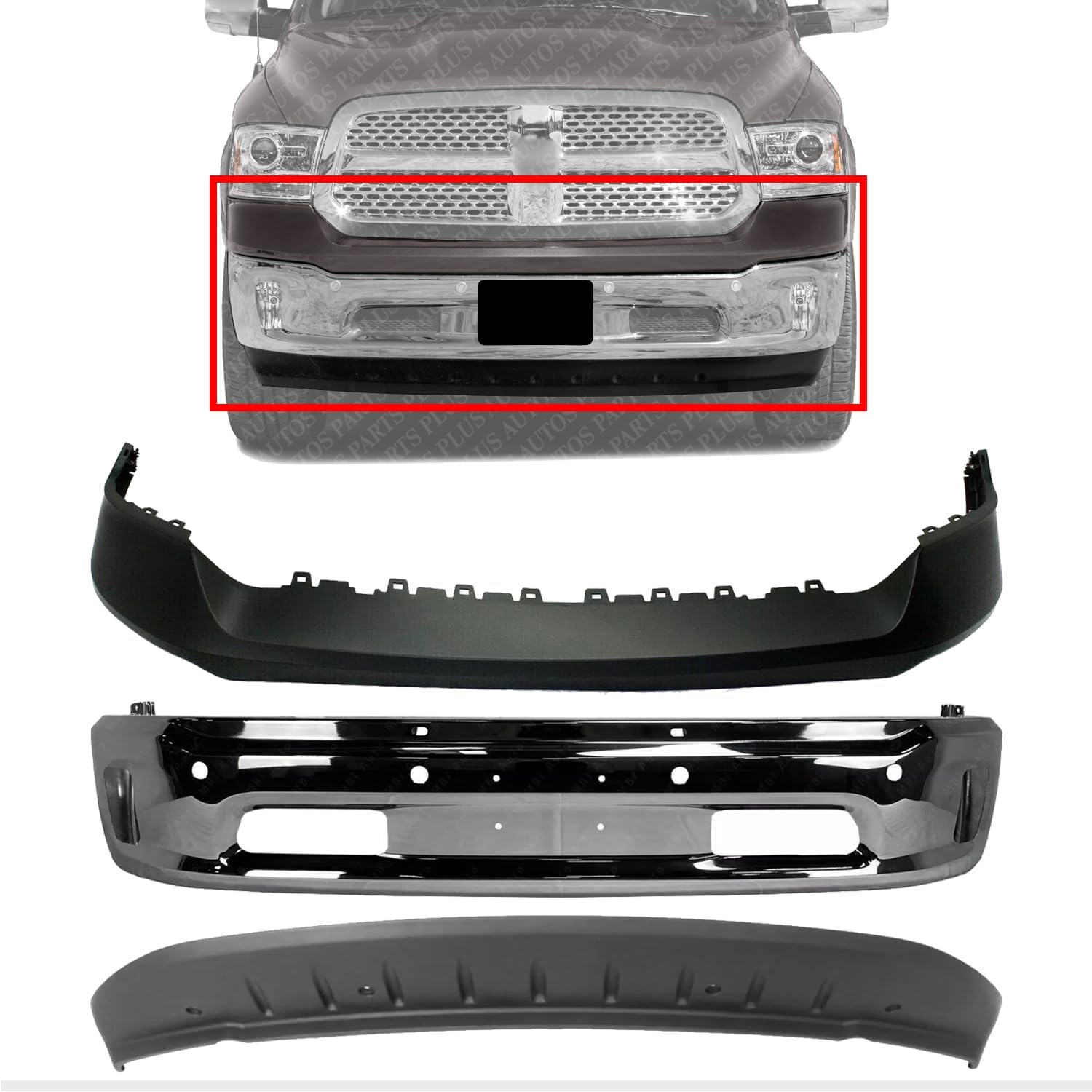 Front Bumper Chrome Steel + Upper Cover Primed + Lower Valance Air Dam Textured Direct Replacement Compatible With Ram 1500 2014-2018 CH1014108 CH1002402 CH1090147