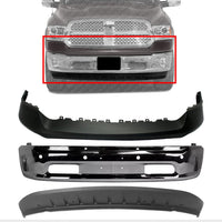 Front Bumper Chrome Steel + Upper Cover Primed + Lower Valance Air Dam Textured Direct Replacement Compatible With Ram 1500 2014-2018 CH1014108 CH1002402 CH1090147