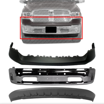 Front Bumper Chrome Steel + Upper Cover Primed + Lower Valance Air Dam Textured Direct Replacement Compatible With Ram 1500 2014-2018 CH1014108 CH1002402 CH1090147