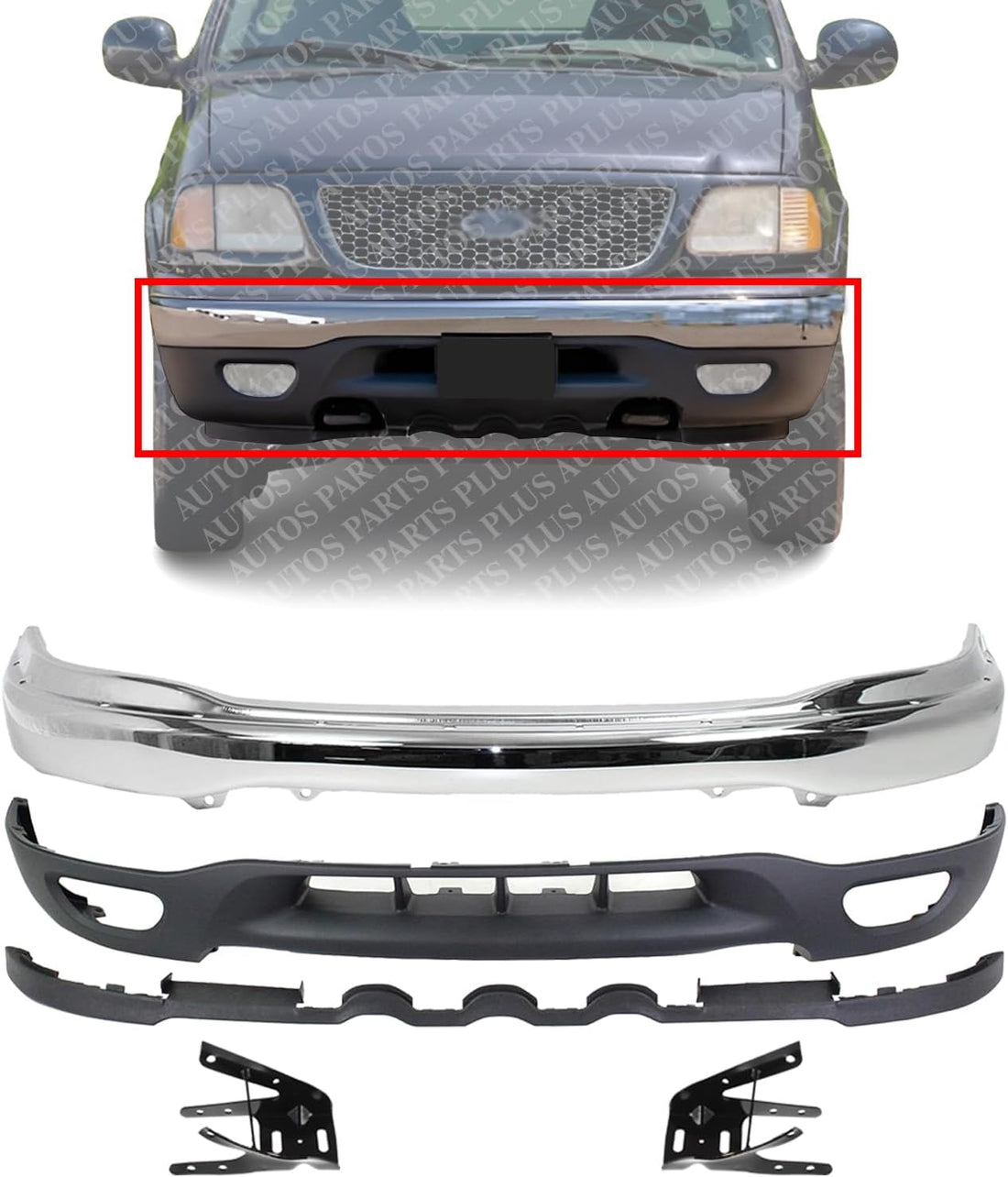 Front Bumper Chrome + Lower Valance Textured + Brackets Left Driver & Right Passenger Side Direct Replacement Compatible With 1999-2002 Ford Expedition / 1999-2003 F-150 FO1067129