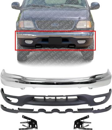 Front Bumper Chrome + Lower Valance Textured + Brackets Left Driver & Right Passenger Side Direct Replacement Compatible With 1999-2002 Ford Expedition / 1999-2003 F-150 FO1067129