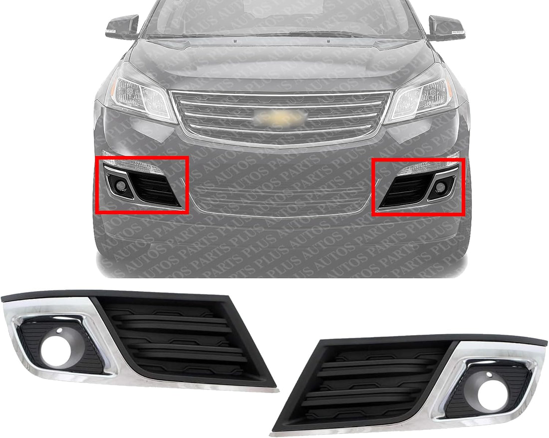 Set Of 2 Front Fog Light Moldings Plastic With Chrome Trim Left Driver & Right Passenger Side Direct Replacement Compatible With 2013-2017 Chevrolet Traverse GM1039148 GM1038148