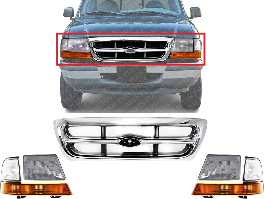 Front Grille Chrome Shell & Insert + Headlights Assembly + Corner Lamps Left Driver & Right Passenger Side Direct Replacement Compatible With 1998-2000 Ford Ranger FO1200340 FO2520144