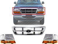 Front Grille Chrome Shell & Insert + Headlights Assembly + Corner Lamps Left Driver & Right Passenger Side Direct Replacement Compatible With 1998-2000 Ford Ranger FO1200340 FO2520144
