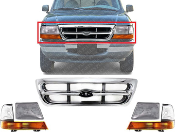 Front Grille Chrome Shell & Insert + Headlights Assembly + Corner Lamps Left Driver & Right Passenger Side Direct Replacement Compatible With 1998-2000 Ford Ranger FO1200340 FO2520144