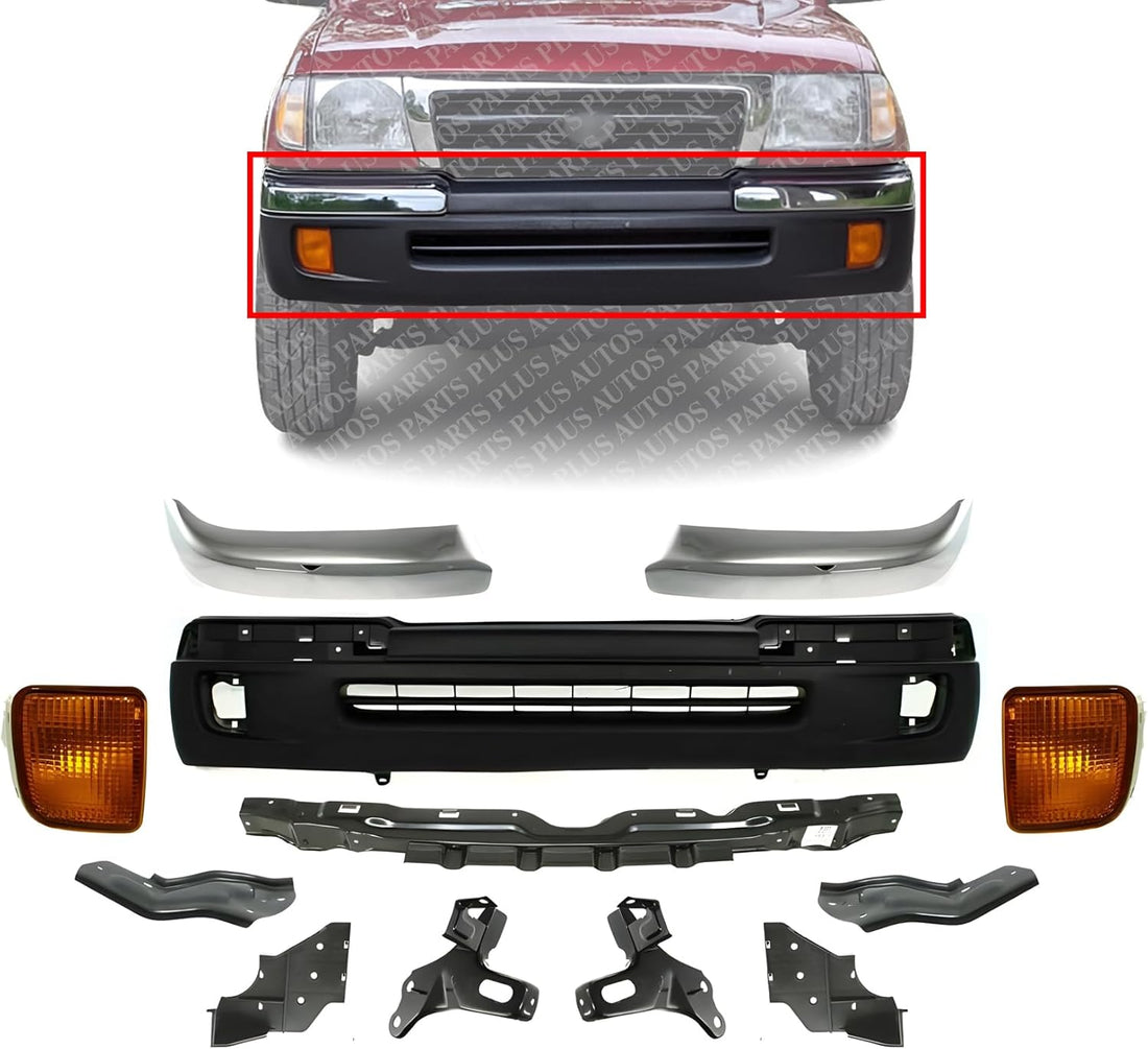 AUTOS PARTS PLUS Front Bumper Textured + End Chrome Trim + Reinforcement + Brackets Set of 6 + Signal Lamps Left & Right Side Direct Replacement Compatible With 1998-2000 Toyota Tacoma TO1095173