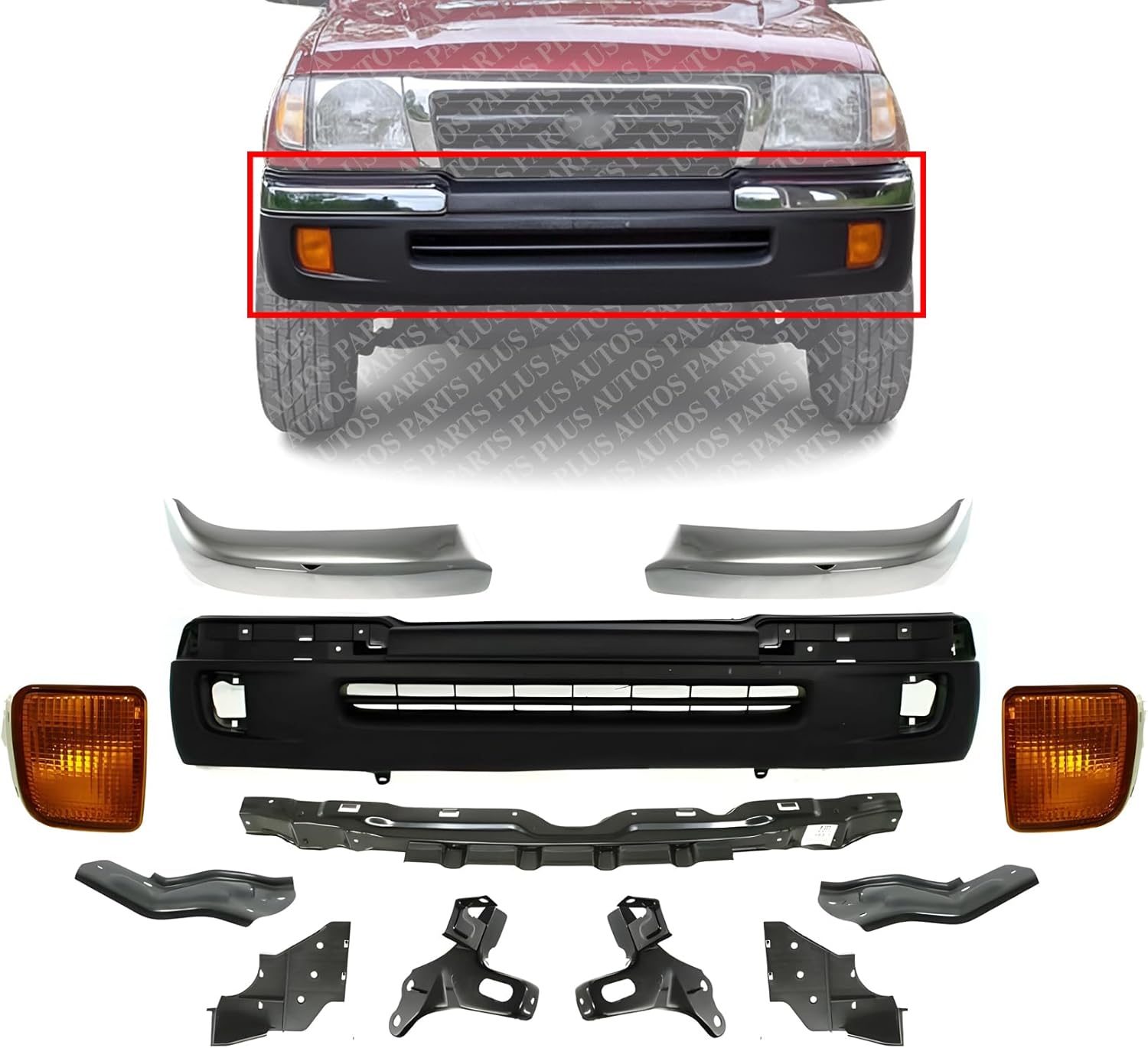 AUTOS PARTS PLUS Front Bumper Textured + End Chrome Trim + Reinforcement + Brackets Set of 6 + Signal Lamps Left & Right Side Direct Replacement Compatible With 1998-2000 Toyota Tacoma TO1095173