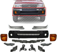 AUTOS PARTS PLUS Front Bumper Textured + End Chrome Trim + Reinforcement + Brackets Set of 6 + Signal Lamps Left & Right Side Direct Replacement Compatible With 1998-2000 Toyota Tacoma TO1095173
