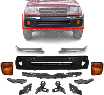 AUTOS PARTS PLUS Front Bumper Textured + End Chrome Trim + Reinforcement + Brackets Set of 6 + Signal Lamps Left & Right Side Direct Replacement Compatible With 1998-2000 Toyota Tacoma TO1095173