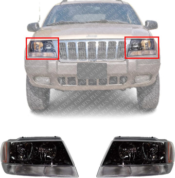 Set Of 2 Front Headlights Assembly With Black Interior Right Passenger & Left Driver Side Direct Replacement Compatible With 1999-2002 Jeep Grand Cherokee CH2502121 CH2502138