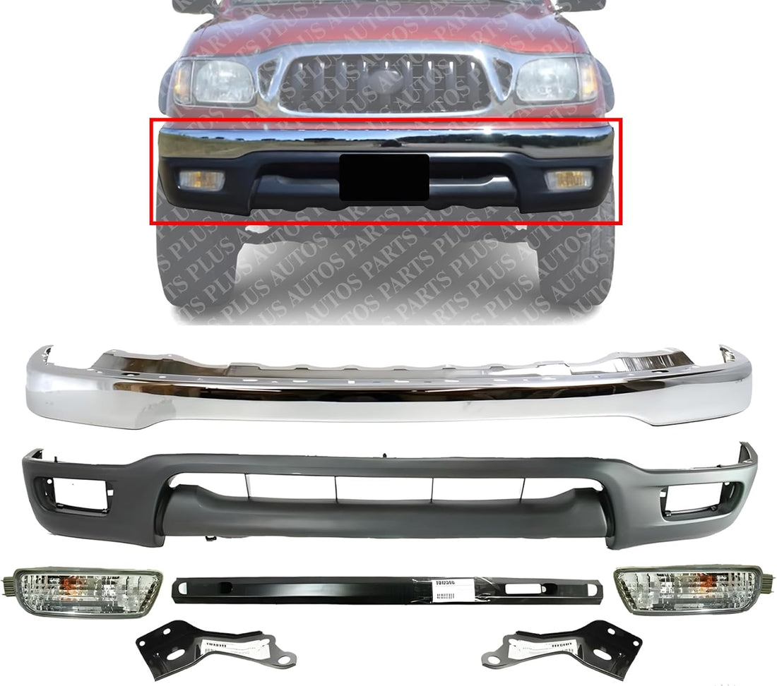 Front Bumper Chrome Steel + Lower Valance Panel Primed + Reinforcement + Signal Lights + Brackets Left & Right Side Direct Replacement Compatible With 2001-2004 Toyota Tacoma