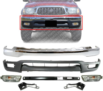 Front Bumper Chrome Steel + Lower Valance Panel Primed + Reinforcement + Signal Lights + Brackets Left & Right Side Direct Replacement Compatible With 2001-2004 Toyota Tacoma