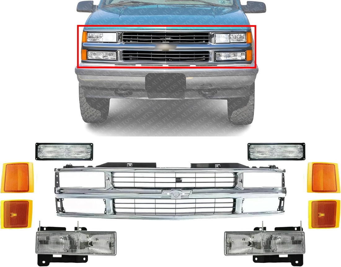 Front Grille Chrome Shell And Insert Plastic + Signals & Headlights + Side Reflector and Marker Lamps Right & Left Side Direct Replacement Compatible With Chevrolet C/K Series 1994-00