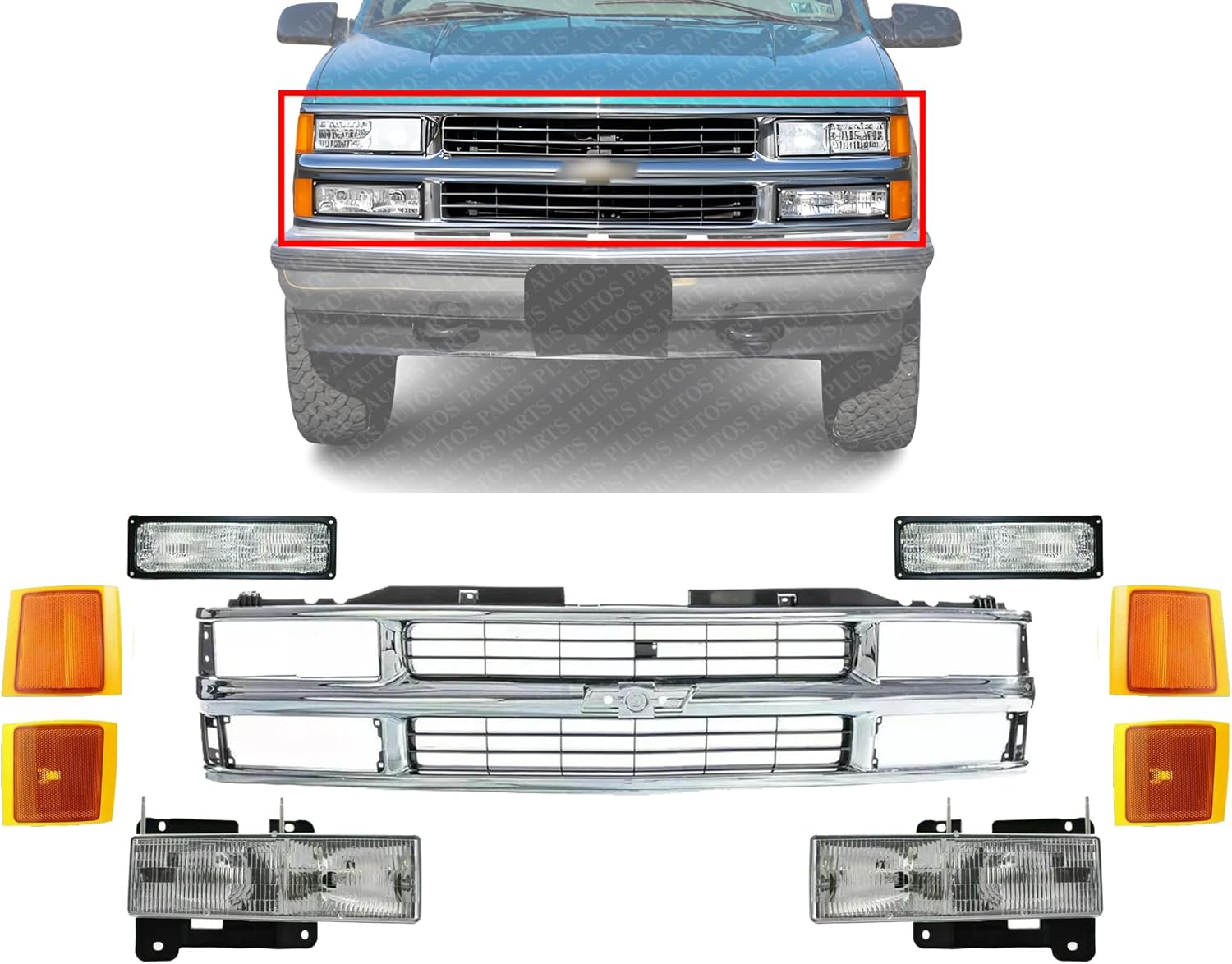 Front Grille Chrome Shell And Insert Plastic + Signals & Headlights + Side Reflector and Marker Lamps Right & Left Side Direct Replacement Compatible With Chevrolet C/K Series 1994-00