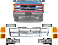 Front Grille Chrome Shell And Insert Plastic + Signals & Headlights + Side Reflector and Marker Lamps Right & Left Side Direct Replacement Compatible With Chevrolet C/K Series 1994-00