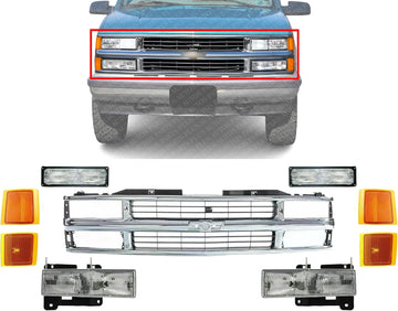 Front Grille Chrome Shell And Insert Plastic + Signals & Headlights + Side Reflector and Marker Lamps Right & Left Side Direct Replacement Compatible With Chevrolet C/K Series 1994-00