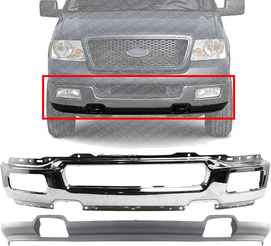 Front Bumper Face Bar Chrome + Lower Valance Primed With Fog Light Holes Direct Replacement Compatible With 2004-2005 Ford F-150 FO1002390 FO1095206 4L3Z17757BA 4L3Z17626BAB