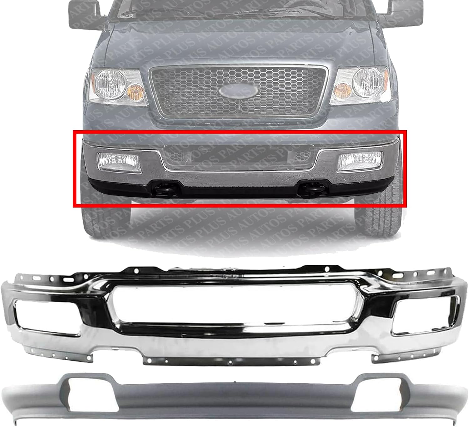 Front Bumper Face Bar Chrome + Lower Valance Primed With Fog Light Holes Direct Replacement Compatible With 2004-2005 Ford F-150 FO1002390 FO1095206 4L3Z17757BA 4L3Z17626BAB