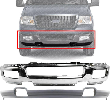Front Bumper Face Bar Chrome + Lower Valance Primed With Fog Light Holes Direct Replacement Compatible With 2004-2005 Ford F-150 FO1002390 FO1095206 4L3Z17757BA 4L3Z17626BAB