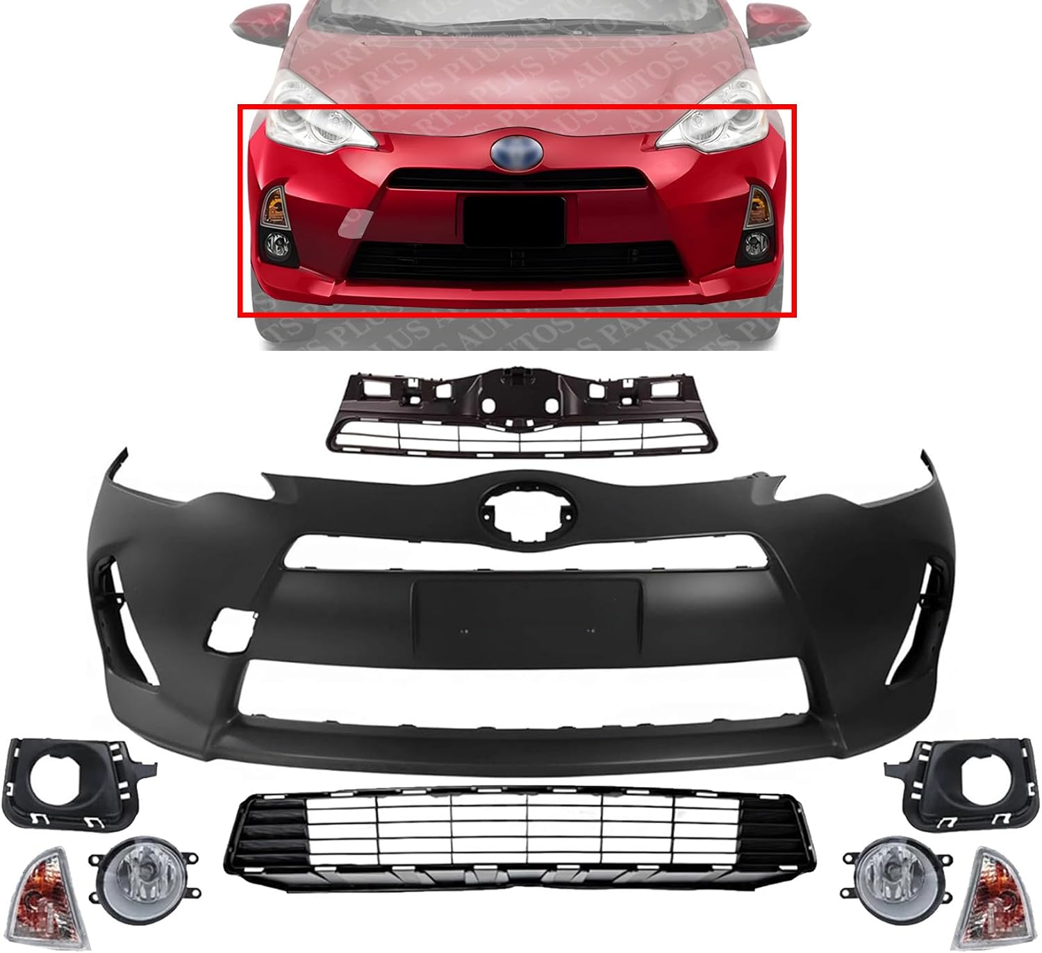 Front Bumper Cover Primed Plastic + Upper & Lower Grille + Turn Signal Lamp + Fog Light + Trim Left & Right Side Direct Replacement Compatible With 2012-2014 Toyota Prius C