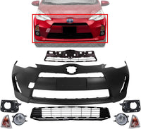 Front Bumper Cover Primed Plastic + Upper & Lower Grille + Turn Signal Lamp + Fog Light + Trim Left & Right Side Direct Replacement Compatible With 2012-2014 Toyota Prius C