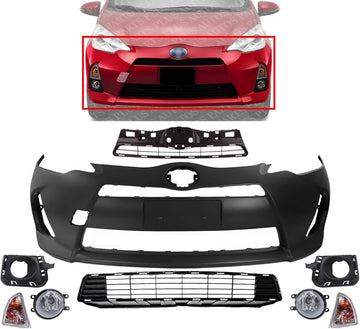 Front Bumper Cover Primed Plastic + Upper & Lower Grille + Turn Signal Lamp + Fog Light + Trim Left & Right Side Direct Replacement Compatible With 2012-2014 Toyota Prius C