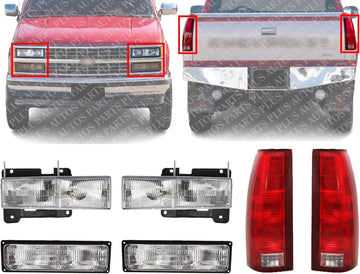 Front Head Lights Composite Assembly + Signal + Tail Lamps Right & Left Side Direct Replacement Compatible With Chevrolet & GMC C/K-Series 1994-1999 GM2521128 GM2520128 GM2502101