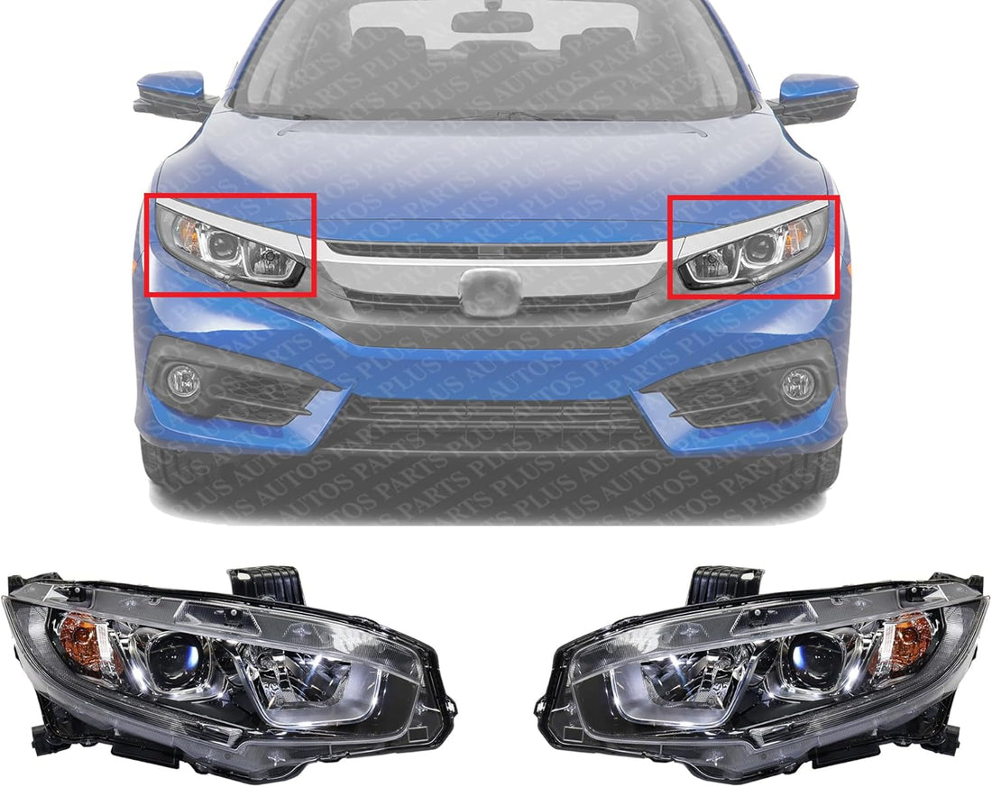 Set Of 2 Front Head Light Assembly Plastic Left Driver & Right Passenger Side Direct Replacement Compatible With 2016-2020 Honda Civic HO2503173 HO2502173 33100TBAA01 33150TBAA01