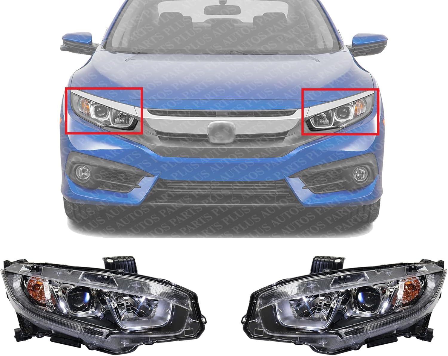 Set Of 2 Front Head Light Assembly Plastic Left Driver & Right Passenger Side Direct Replacement Compatible With 2016-2020 Honda Civic HO2503173 HO2502173 33100TBAA01 33150TBAA01