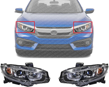 Set Of 2 Front Head Light Assembly Plastic Left Driver & Right Passenger Side Direct Replacement Compatible With 2016-2020 Honda Civic HO2503173 HO2502173 33100TBAA01 33150TBAA01