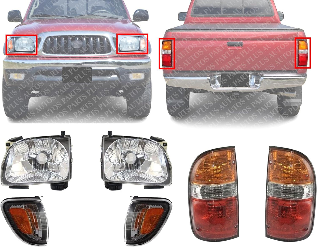 Front Headlights + Corner Light With Chrome Trim + Tail Lamp Assembly Left Driver & Right Passenger Side Direct Replacement Compatible With 2001-2004 Toyota Tacoma TO2503136 TO2502136