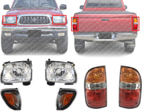 Front Headlights + Corner Light With Chrome Trim + Tail Lamp Assembly Left Driver & Right Passenger Side Direct Replacement Compatible With 2001-2004 Toyota Tacoma TO2503136 TO2502136