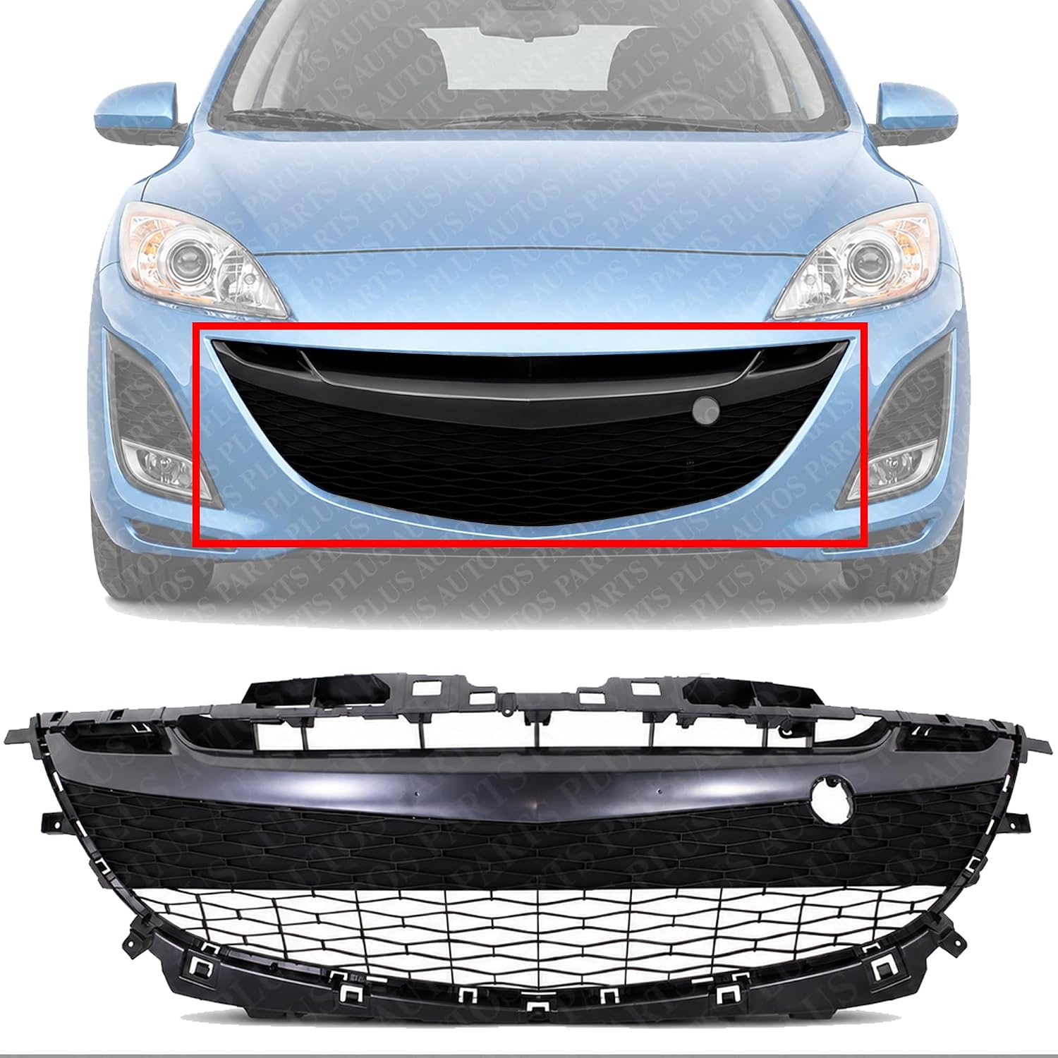 Front Bumper Grille Gray Plastic Direct Replacement Compatible With 2010-2011 Mazda 3 MA1036114 BBN2501T0K