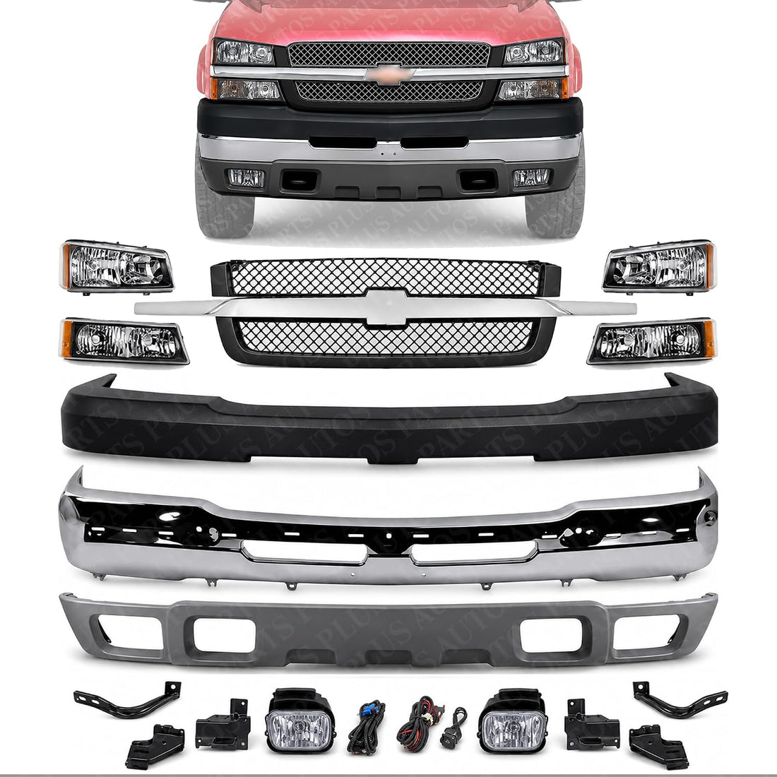 Front Bumper Chrome + Grille + Upper Cover + Lower Valance Textured + Brackets + Headlights + Foglamps LH & RH Direct Replacement Compatible With 2003-2006 Chevy Silverado 2500HD 3500