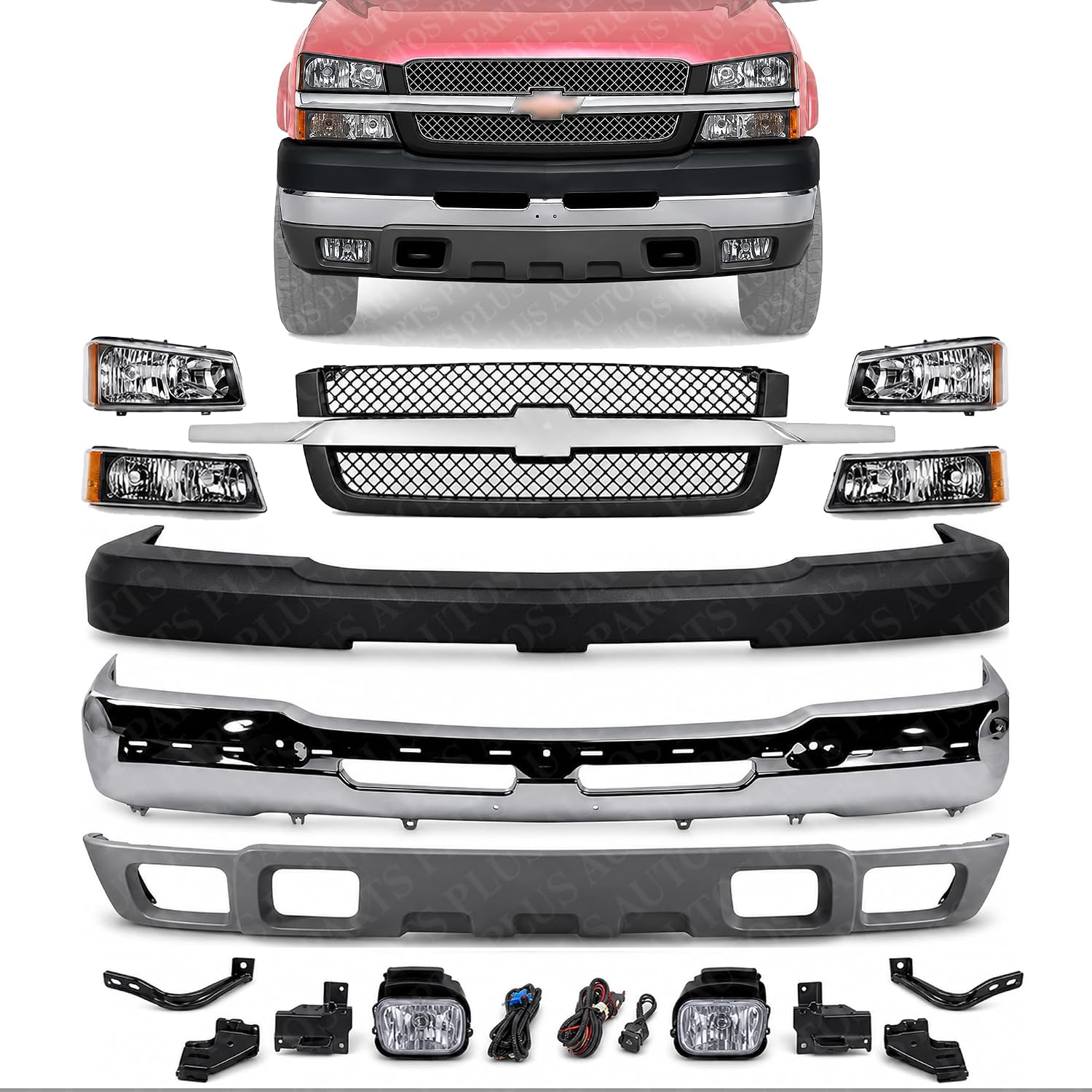 Front Bumper Chrome + Grille + Upper Cover + Lower Valance Textured + Brackets + Headlights + Foglamps LH & RH Direct Replacement Compatible With 2003-2006 Chevy Silverado 2500HD 3500