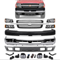 Front Bumper Chrome + Grille + Upper Cover + Lower Valance Textured + Brackets + Headlights + Foglamps LH & RH Direct Replacement Compatible With 2003-2006 Chevy Silverado 2500HD 3500