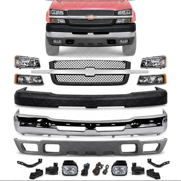 Front Bumper Chrome + Grille + Upper Cover + Lower Valance Textured + Brackets + Headlights + Foglamps LH & RH Direct Replacement Compatible With 2003-2006 Chevy Silverado 2500HD 3500