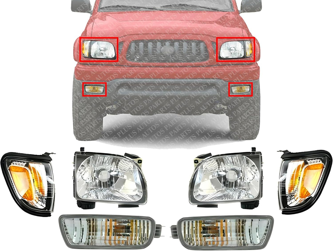 Front Headlights + Corner Lamps With Black Trim + Signal Lights Left Driver & Right Passenger Side Direct Replacement Compatible With 2001-2004 Toyota Tacoma TO2503136 TO2502136