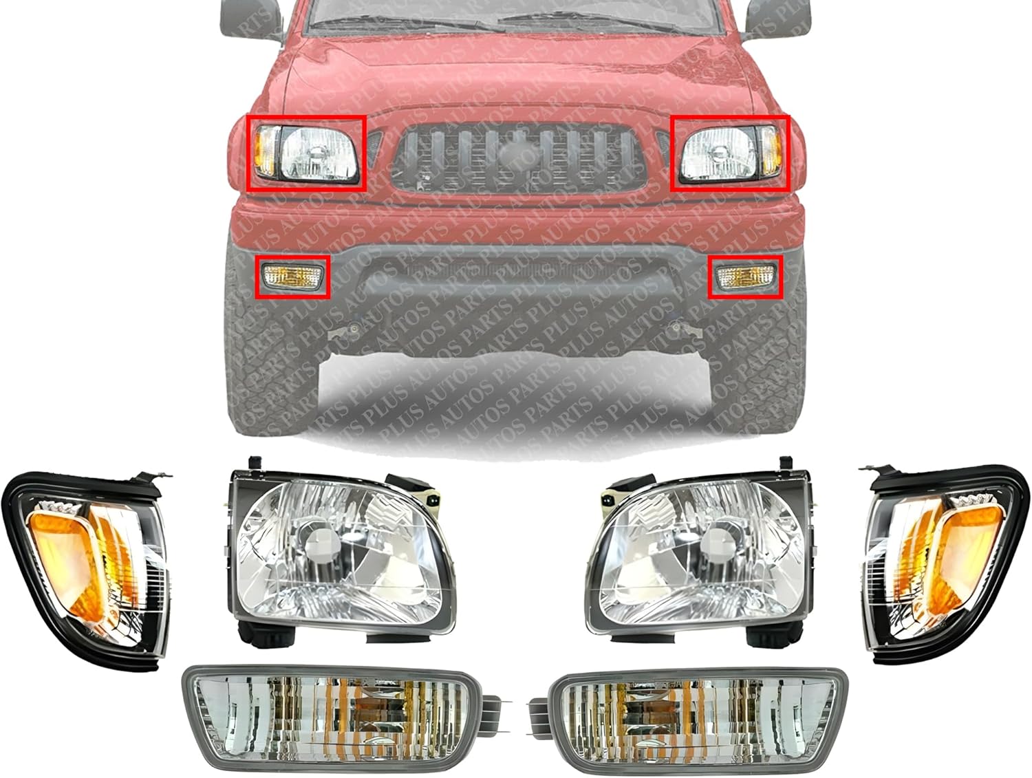 Front Headlights + Corner Lamps With Black Trim + Signal Lights Left Driver & Right Passenger Side Direct Replacement Compatible With 2001-2004 Toyota Tacoma TO2503136 TO2502136