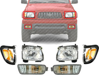 Front Headlights + Corner Lamps With Black Trim + Signal Lights Left Driver & Right Passenger Side Direct Replacement Compatible With 2001-2004 Toyota Tacoma TO2503136 TO2502136