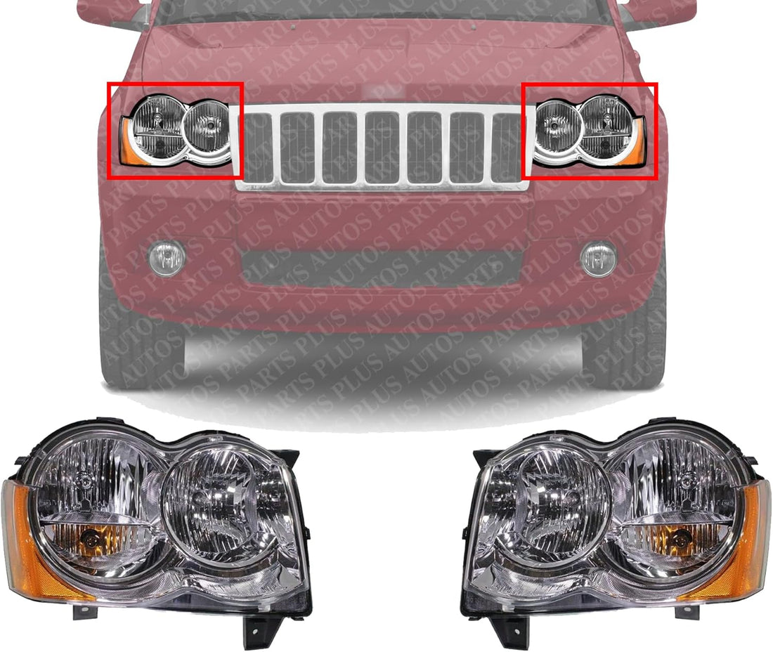 Front Headlights Assembly Right Passenger & Left Driver Side Direct Replacement Compatible With Jeep Grand Cherokee 2008-2010 55157483AE-PFM 55157482AE-PFM