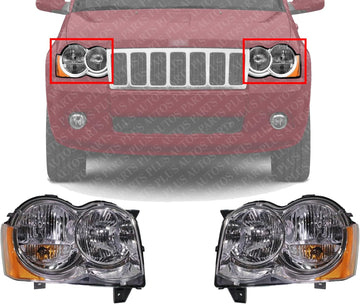 Front Headlights Assembly Right Passenger & Left Driver Side Direct Replacement Compatible With Jeep Grand Cherokee 2008-2010 55157483AE-PFM 55157482AE-PFM