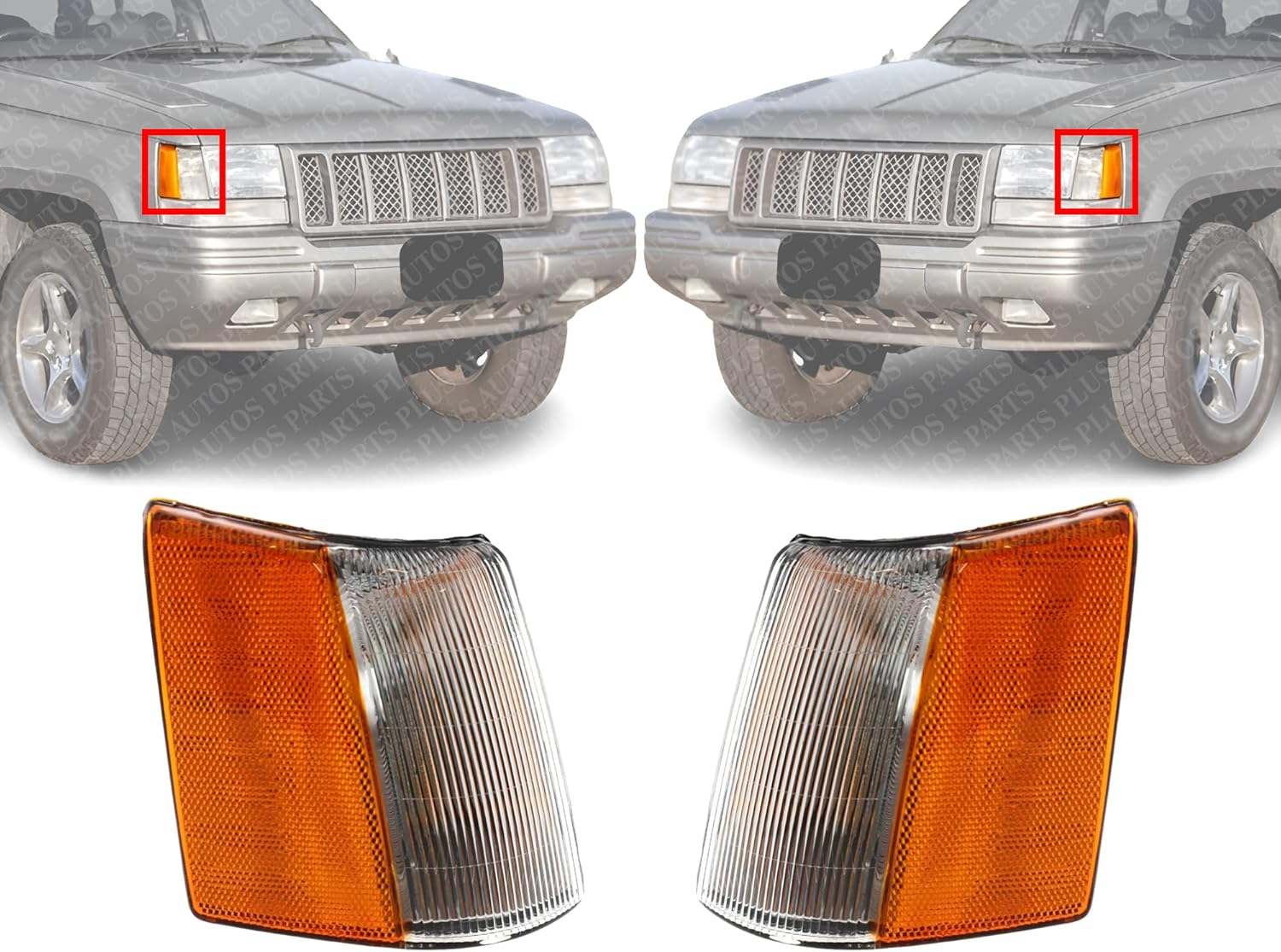 Set Of 2 Front Corner Light Lens And Housing Left Driver & Right Passenger Side Direct Replacement Compatible With 1993-1998 Jeep Grand Cherokee CH2521121 CH2520121 56005104 56005105